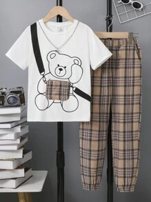 SHEIN Tween Boy Bear Print Tee & Plaid Trousers - Multicolor - View 1