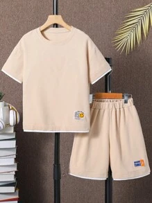 SHEIN cậu bé mười hai Chi tiết Patched thư Tee 2 trong1 & Quần short - Màu Khaki - Xem 1