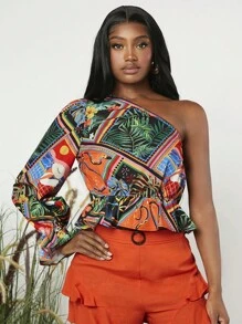 SHEINNeu 熱帶圖案單肩喇叭袖荷葉邊下擺襯衫 - 彩色 - 查看 1