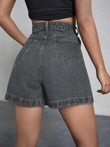 High Waist Wide Leg Denim Shorts - Grey - View 2