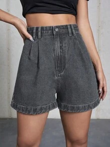 High Waist Wide Leg Denim Shorts - Grey - View 4