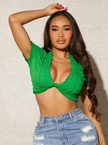 SHEIN SXY Twist Front Crop Top - Green - View 1
