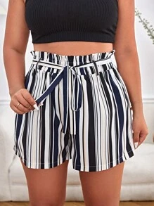 SHEIN Essnce 大碼條紋印花紙袋腰附腰帶短褲 - 藍白色 - 查看 4