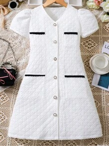 SHEIN Đầm Gái Túi Tương phản ràng buộc Nút phía trước màu trơn Giải trí - trắng - Xem 1
