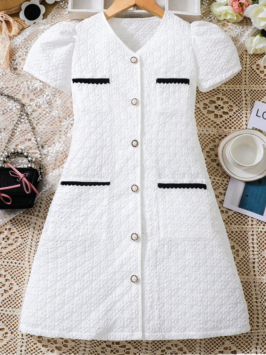 SHEIN Đầm Gái Túi Tương phản ràng buộc Nút phía trước màu trơn Giải trí - trắng - Xem 1