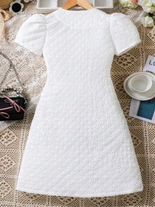 SHEIN Đầm Gái Túi Tương phản ràng buộc Nút phía trước màu trơn Giải trí - trắng - Xem 2