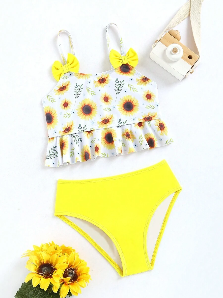 Young Girl Floral Print Bow Front Ruffle Hem Bikini Set Summer Beach - Multicolor - View 1