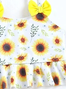 Young Girl Floral Print Bow Front Ruffle Hem Bikini Set Summer Beach - Multicolor - View 3