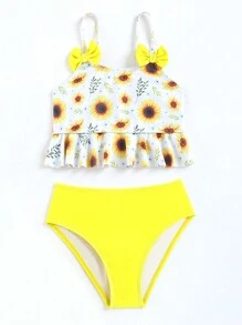 Young Girl Floral Print Bow Front Ruffle Hem Bikini Set Summer Beach - Multicolor - View 5