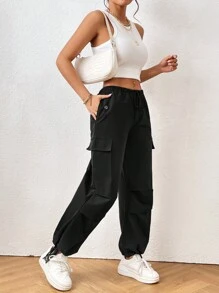 SHEIN PETITE Quần nữ Dây kéo Thắt nút Túi màu trơn Giải trí - màu đen - Xem 2