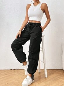 SHEIN PETITE Quần nữ Dây kéo Thắt nút Túi màu trơn Giải trí - màu đen - Xem 5