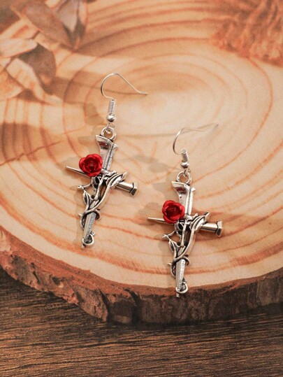 1pair Fashion Zinc Alloy Flower Decor Cross Drop Earrings For Women For Daily Decoration
