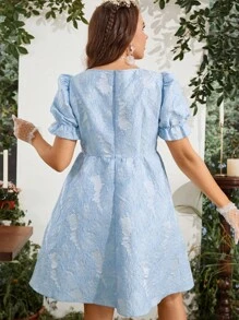 SHEIN SunnyBelle 大碼提花方領泡泡袖洋裝 - 藍色 - 查看 2