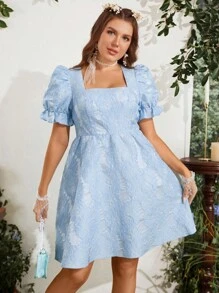 SHEIN SunnyBelle 大碼提花方領泡泡袖洋裝 - 藍色 - 查看 4