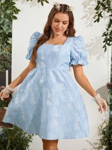 SHEIN SunnyBelle 大碼提花方領泡泡袖洋裝 - 藍色 - 查看 5