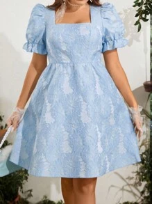 SHEIN SunnyBelle 大碼提花方領泡泡袖洋裝 - 藍色 - 查看 6