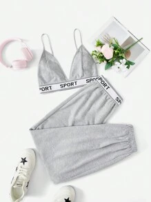 SHEIN EZwear Letter Tape Cami Top & Sweatpants - Light Grey - View 1