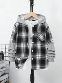 SHEIN 男大童格紋印花連帽襯衫不帶T恤 - 彩色 - 查看 1