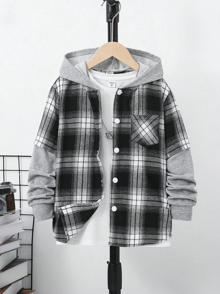 SHEIN 男大童格紋印花連帽襯衫不帶T恤 - 彩色 - 查看 1