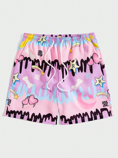 Anime Herren Shorts mit Farbblock Herz Grafik und Kordelzug Taille, Schule