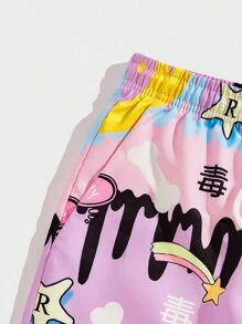 ROMWE MEN Anime 男士拼色爱心图案抽绳腰短裤，学校 - 彩色 - 查看 3