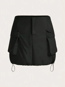 SHEIN EZwear 大碼翻蓋口袋抽繩下擺工裝裙 - 黑色 - 查看 1