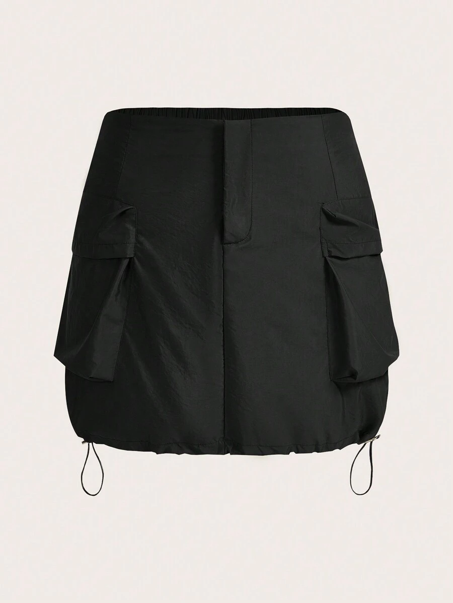 SHEIN EZwear 大碼翻蓋口袋抽繩下擺工裝裙 - 黑色 - 查看 1