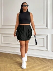 SHEIN EZwear 大碼翻蓋口袋抽繩下擺工裝裙 - 黑色 - 查看 3