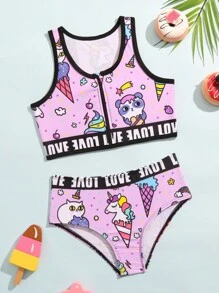 年轻女孩卡通图形字母胶带比基尼套装夏日海滩