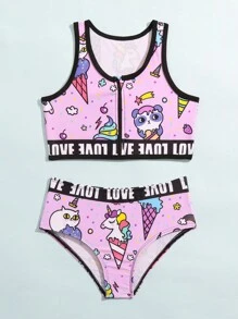 年轻女孩卡通图形字母胶带比基尼套装夏日海滩