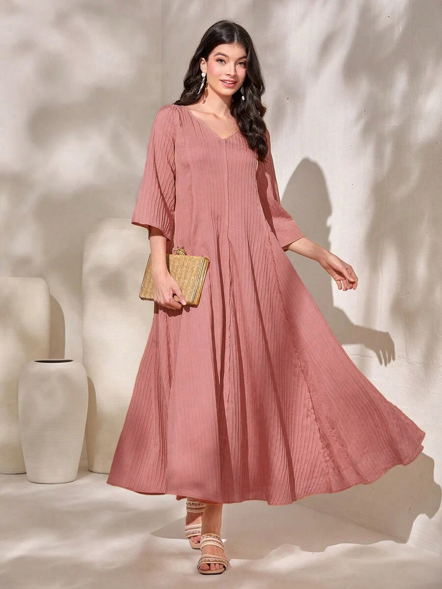 Al Najma Solid V Neck Dress Maxi Women Outfit