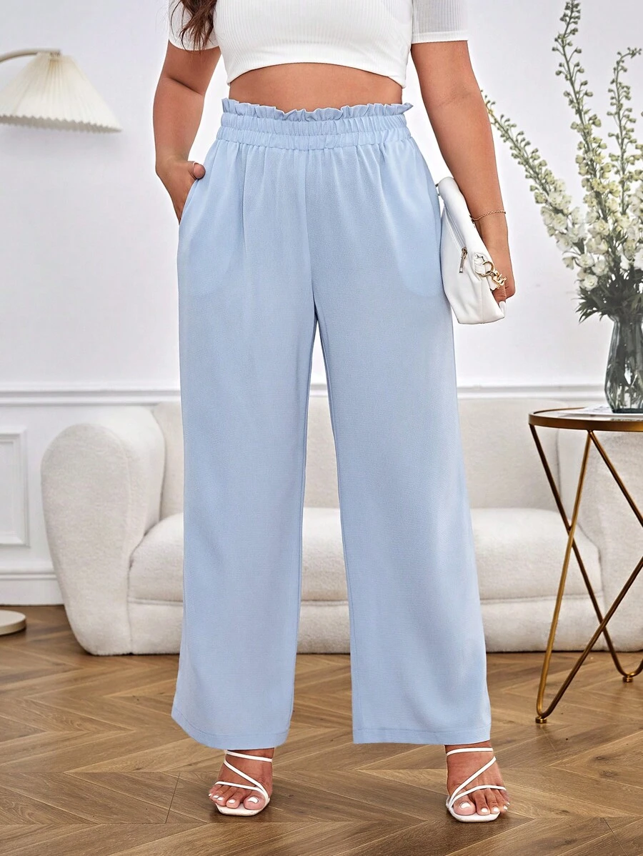 SHEIN LUNE Plus Paperbag Waist Wide Leg Pants - Baby Blue - View 1