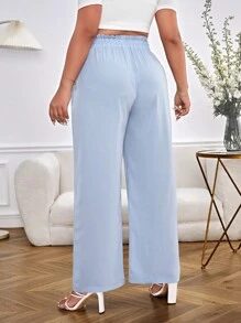 SHEIN LUNE 大碼紙袋腰闊腿褲 - 淺藍色 - 查看 2