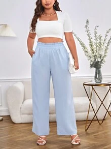 SHEIN LUNE 大碼紙袋腰闊腿褲 - 淺藍色 - 查看 3