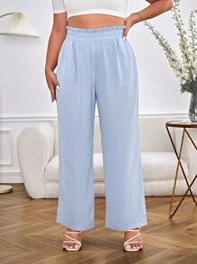 SHEIN LUNE 大碼紙袋腰闊腿褲 - 淺藍色 - 查看 4