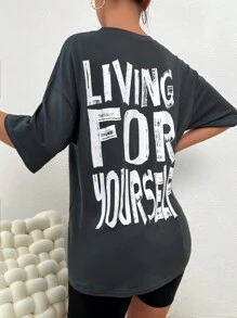 標語圖案落肩袖大碼睡衣T恤 - 深灰色 - 查看 1