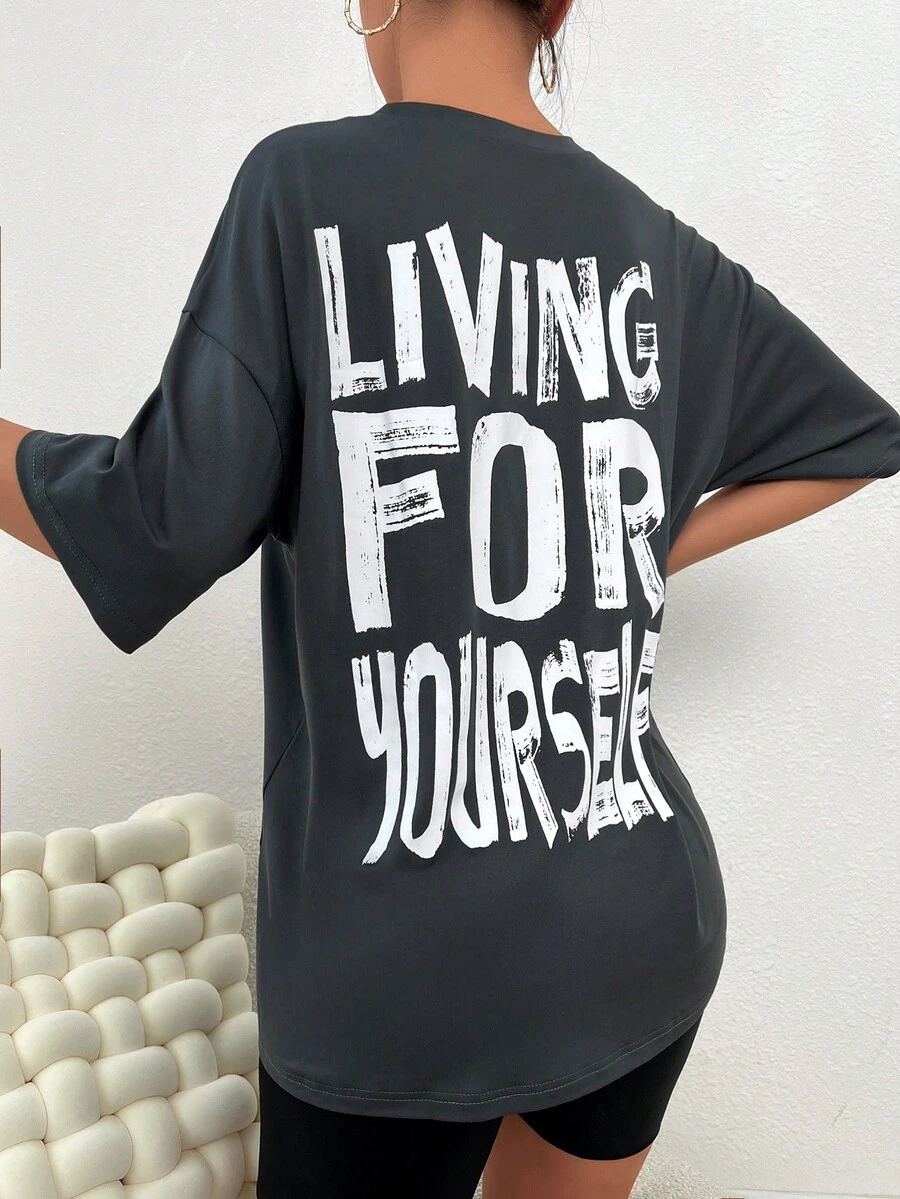 標語圖案落肩袖大碼睡衣T恤 - 深灰色 - 查看 1