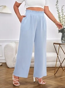 SHEIN LUNE 大碼紙袋腰闊腿褲 - 淺藍色 - 查看 5