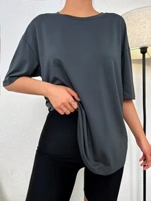 標語圖案落肩袖大碼睡衣T恤 - 深灰色 - 查看 2