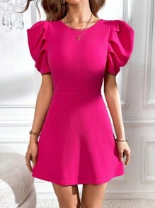 SHEIN Privé Tie Backless Puff Sleeve Dress - Hot Pink - View 6