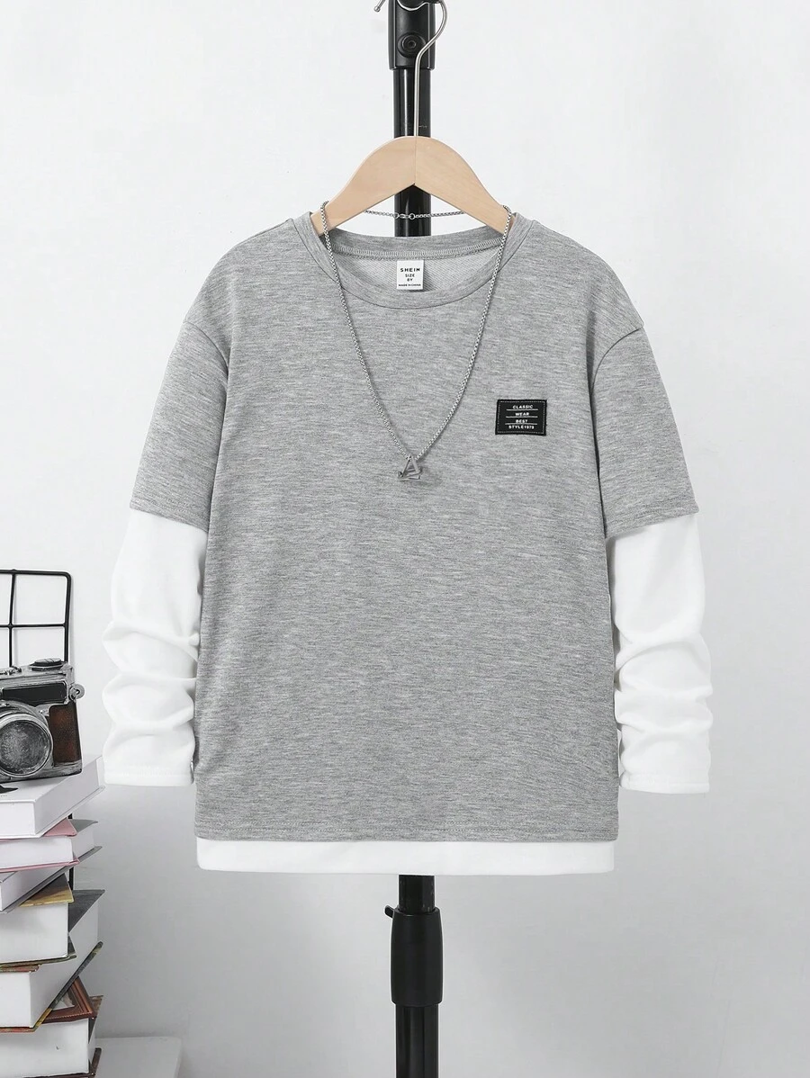 SHEIN 男大童字母貼布假兩入組T恤無項鏈