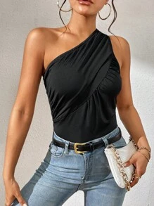 SHEIN Privé Body de un hombro fruncido - Negro - Ver 1