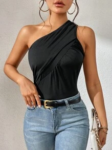 SHEIN Privé Body de un hombro fruncido - Negro - Ver 4
