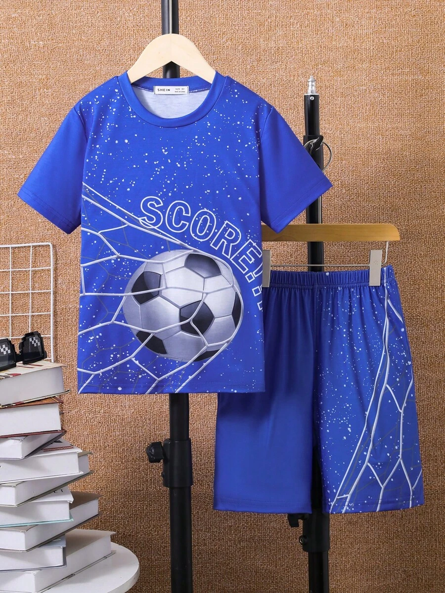 SHEIN Tween Boy Soccer & Letter Graphic Tee & Shorts - Blue - View 1