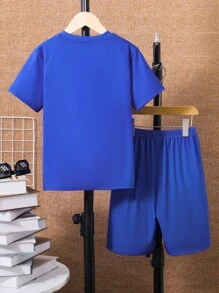 SHEIN Tween Boy Soccer & Letter Graphic Tee & Shorts - Blue - View 2
