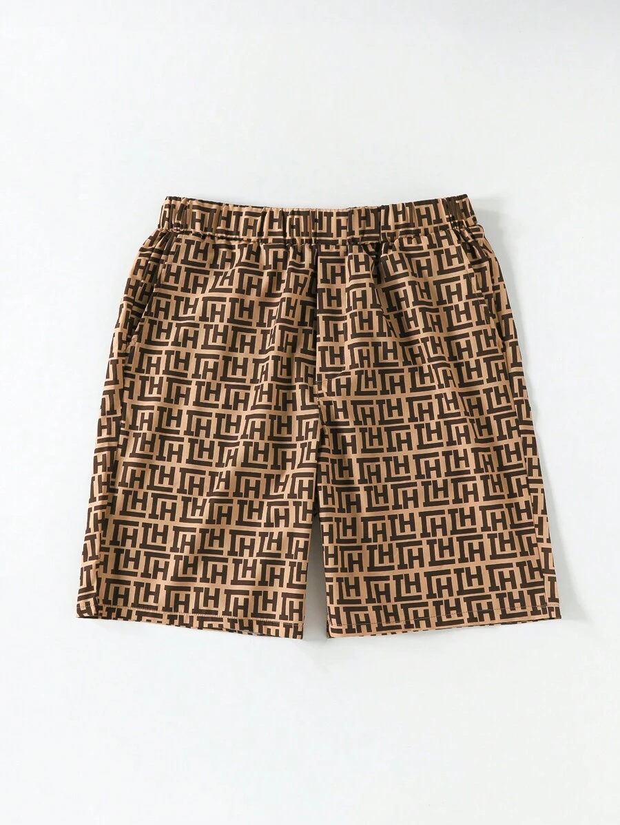 Manfinity AFTRDRK 男士1入組滿版印花彈性腰帶短褲 - 棕色 - 查看 1