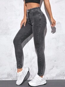 SHEIN PETITE 斜口袋緊身牛仔褲 - 灰色 - 查看 1