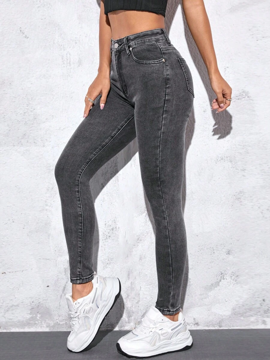 SHEIN PETITE 斜口袋緊身牛仔褲 - 灰色 - 查看 1