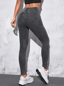 SHEIN PETITE 斜口袋緊身牛仔褲 - 灰色 - 查看 2