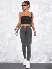 SHEIN PETITE 斜口袋緊身牛仔褲 - 灰色 - 查看 5